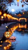 Traditional Asian lanterns illuminate waterfront path at dusk, with glowing lotus flower reflection in calm water and full moon in twilight sky. Perfect for holiday designs.