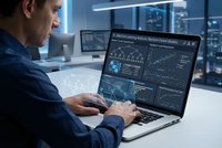 Professional businessman analyzing financial data and market trends on laptop computer in modern office environment with multiple monitors displaying analytics dashboards.