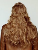 Back view of woman with long wavy blonde hair wearing brown leather jacket isolated on beige background for hair care and fashion concepts.