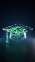 Digital graduation cap with glowing green circuit board pattern and tassel, representing technology education, online learning, and digital innovation for academic and tech industry concepts.