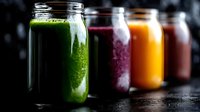 Colorful fresh smoothies in mason jars on dark background. Green vegetable, berry, orange and chocolate drinks lined up. Healthy detox beverages.