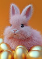 Adorable white fluffy bunny with golden Easter eggs against orange background, close-up portrait showing soft fur texture and sweet expression.