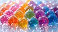 Colorful translucent jelly balls in vibrant rainbow hues with water droplets on surface, creating a refreshing and playful visual texture.
