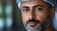 Middle Eastern man wearing traditional white and black keffiyeh headdress with confident expression and neatly trimmed beard against blurred background in professional portrait.