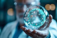 Glowing turquoise virus particles swirling in transparent glass sphere held by medical professional against blurred laboratory background, scientific visualization.