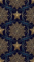 Luxury seamless pattern with ornate golden mandalas and stars on deep navy background. Elegant decorative design for premium wallpaper and textile applications.