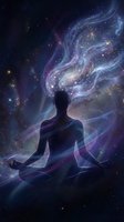 Silhouette of person meditating in lotus position surrounded by cosmic energy streams and starry galaxy background for spiritual wellness concepts.