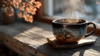 Steaming hot coffee in ceramic cup on wooden table with autumn leaves and warm sunlight creating cozy morning atmosphere for relaxation and comfort.