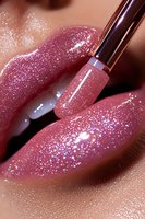 Close-up of lips with shimmering pink gloss application showing holographic sparkles and metallic applicator wand for cosmetic and beauty marketing.