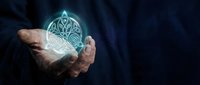 Businessman hands holding glowing artificial intelligence brain hologram with neural network patterns on dark blue background for technology concepts.
