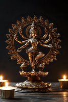 Bronze statue of Hindu goddess Nataraja Shiva in dancing pose with multiple arms on ornate circular backdrop, flanked by glowing candles against dark background.