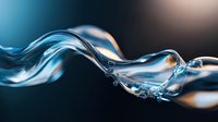 Flowing liquid abstract wave in turquoise and white colors with dynamic motion effect and bubbles on dark background, macro photography for creative design.