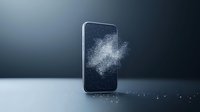 Smartphone screen shattering into particles and dust against dark background, dramatic lighting creates mysterious atmosphere for technology concept.