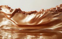 Luxurious liquid copper or bronze wave with metallic reflection creates abstract landscape with mountains and lake, modern minimalist art background.
