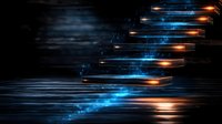 Glowing blue and orange light streaks create dynamic motion effect against dark background, abstract technology concept for digital transformation and speed.