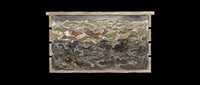 Ornate wooden frame with textured metallic relief panel featuring abstract layered design, isolated on transparent background. Ready for wall art, home decor prints, interior design projects, and digital compositing.