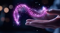 Glowing purple DNA helix floating above open palms against dark background with bokeh lights and sparkling particles, representing genetic research and biotechnology.