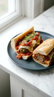 Two homemade meatball subs topped with melted cheese, tomato sauce, and fresh basil on a slate plate, perfect for food blogs, restaurant menus, and culinary content.