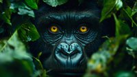 Mountain gorilla with intense golden eyes peering through dense tropical rainforest foliage in natural wildlife habitat for conservation awareness campaigns.