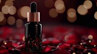 Dark glass dropper bottle with rose gold cap against blurred bokeh lights and red petals, luxury cosmetic product photography on black background.