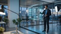 Professional businessman presenting data analytics on interactive holographic display in modern corporate office environment for business technology solutions.