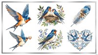 Six watercolor swallow clipart elements isolated on transparent background, ready for stickers, t-shirt design, print on demand, and sublimation projects.