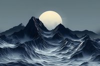 Dramatic mountain landscape with full moon rising behind peaks, featuring flowing wave-like ridges in dark blue tones against pale yellow lunar glow.