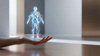 Glowing holographic human figure levitating above open palm, representing digital health, medical technology, and innovation in modern healthcare and wellness solutions.