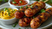 Grilled sausages on wooden skewers served with mustard sauce and ketchup on white plate. Traditional barbecue food for outdoor cooking and dining.