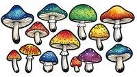 Colorful fantasy mushrooms collection with spotted caps in rainbow colors isolated on transparent background for design projects.