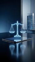 Glowing neon scales of justice hologram emerging from smartphone on reflective surface with modern office building backdrop, representing legal technology and digital law services.