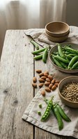 Fresh green peas in pods with almonds and sunflower seeds arranged on rustic wooden table with natural linen cloth for healthy cooking and meal preparation.