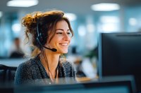 Smiling young Caucasian woman with headset working in modern office environment, providing customer service support at call center workstation.