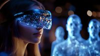 Young woman wearing virtual reality headset with glowing blue holographic figures in background, representing digital transformation and metaverse technology advancement.