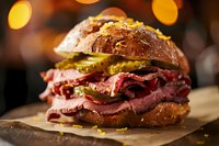 Juicy pastrami sandwich on dark rye bread with pickles and mustard, piled high with tender sliced meat against warm bokeh background, close up food photography.