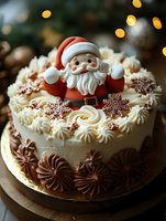 Festive Christmas cake decorated with fondant Santa Claus figure, chocolate snowflakes and cream rosettes for holiday celebration dessert bakery menu.