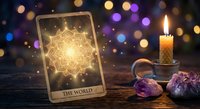 Mystical tarot card reading setup with glowing World card, burning candle and amethyst crystals on wooden table with bokeh lights background.