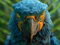 Close-up portrait of vibrant blue macaw with yellow eye markings and curved beak against blurred green foliage background, showcasing exotic bird features.