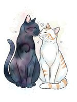 Watercolor cats couple showing affection with hearts, domestic pets illustration isolated on white background for romantic greeting cards and love designs.