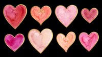 Watercolor hearts set with gold borders in pink and red tones, isolated on transparent background. Great for Valentine's Day clipart, stickers, t-shirt design, and print on demand.
