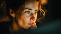 Young Caucasian woman with freckles in warm golden light creating dramatic portrait with soft shadows and natural beauty for lifestyle content.