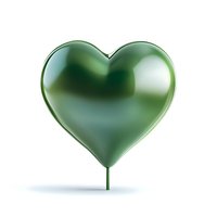 Glossy green heart shape balloon on white background, isolated design element for romantic and love concepts, suitable for greeting cards and valentines.