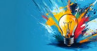 Bright light bulb with colorful paint splash explosion on blue background, symbolizing creative ideas and innovation.