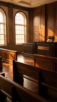 Empty courtroom interior with wooden judge bench, scales of justice and warm sunlight streaming through arched windows creating dramatic lighting atmosphere.
