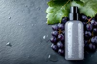 Natural grape seed oil cosmetic bottle with fresh purple grapes and green leaves on dark slate background with water droplets for skincare products.