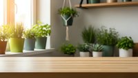 Indoor herb garden with fresh basil, mint and aromatic plants on wooden kitchen counter near bright window. Home gardening and cooking concept.