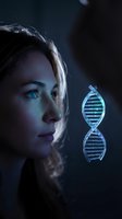 Female scientist examining glowing DNA double helix structure in laboratory for genetic research and biotechnology applications.