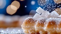 Sugar cubes falling onto golden waffle with powdered sugar against blurred blue bokeh background, creating festive dessert atmosphere.