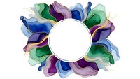 Abstract watercolor floral frame with flowing petals in blue, purple and green tones surrounding white circular space for text or logo design.