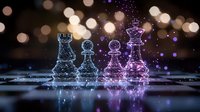 Glowing chess pieces in blue and purple neon light on reflective surface with bokeh background, magical fantasy game concept for strategic business planning.